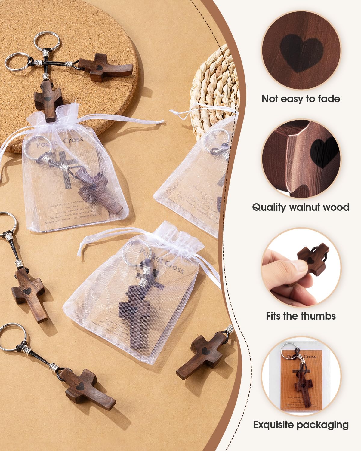 Yerose walnut cross closeup with smooth finish, comfortable to hold.