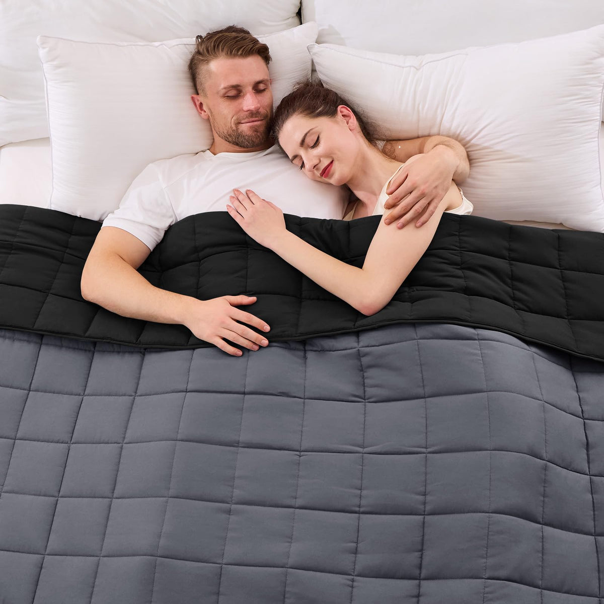 YesCool king-size weighted blanket on bed for shared sleep comfort.