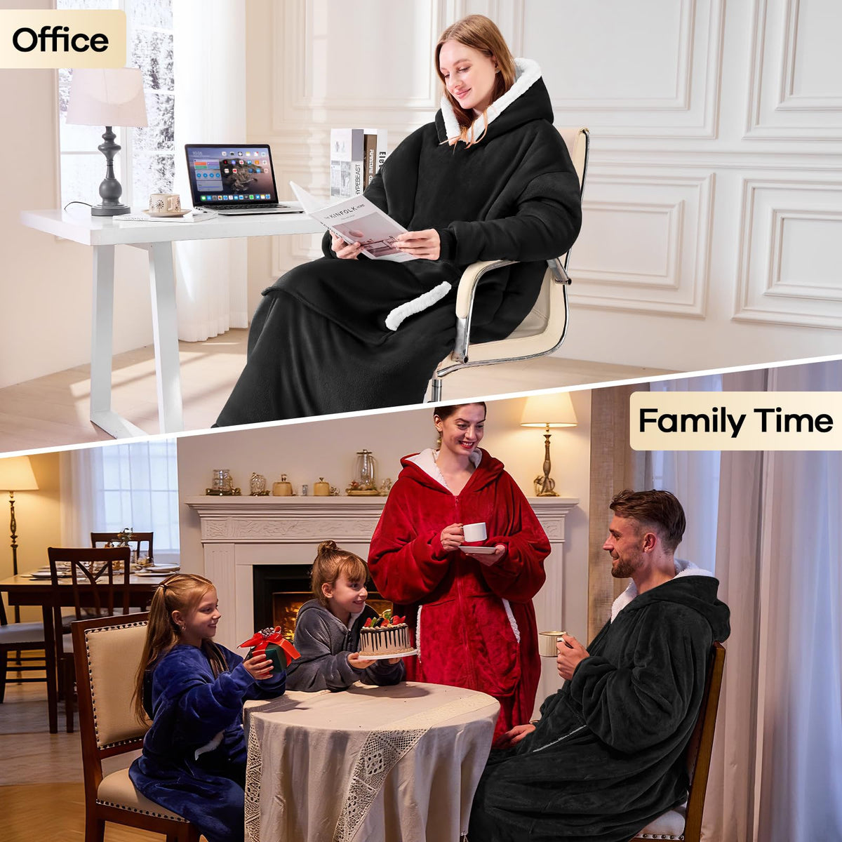 yescool wearable blanket hoodie on a cozy at-home scene emphasizes easy care.
