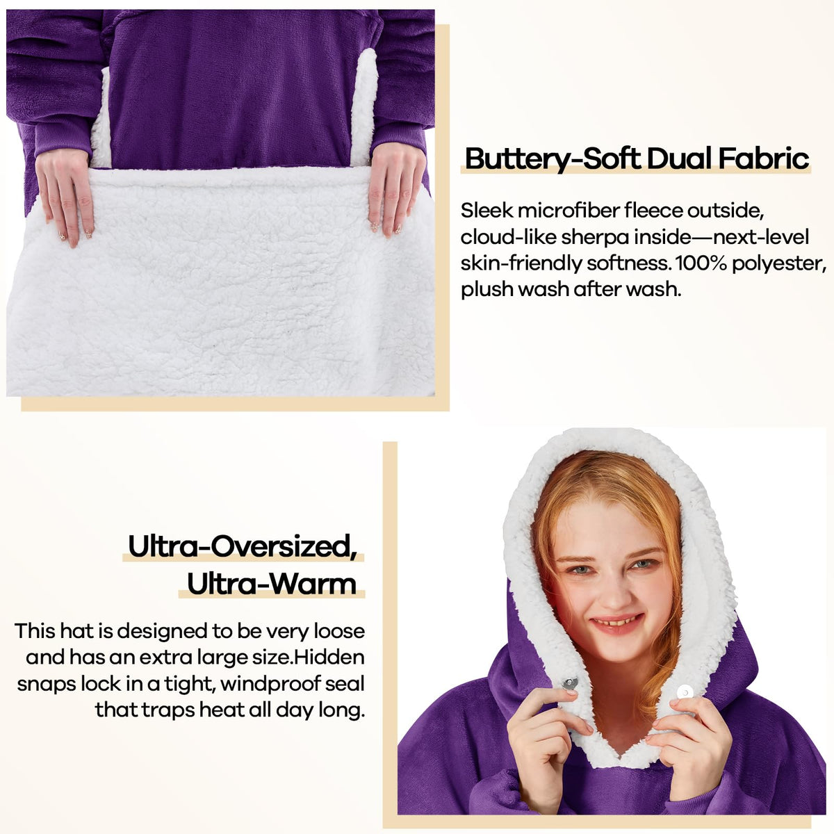 Back view of the Yescool wearable blanket hoodie in deep purple