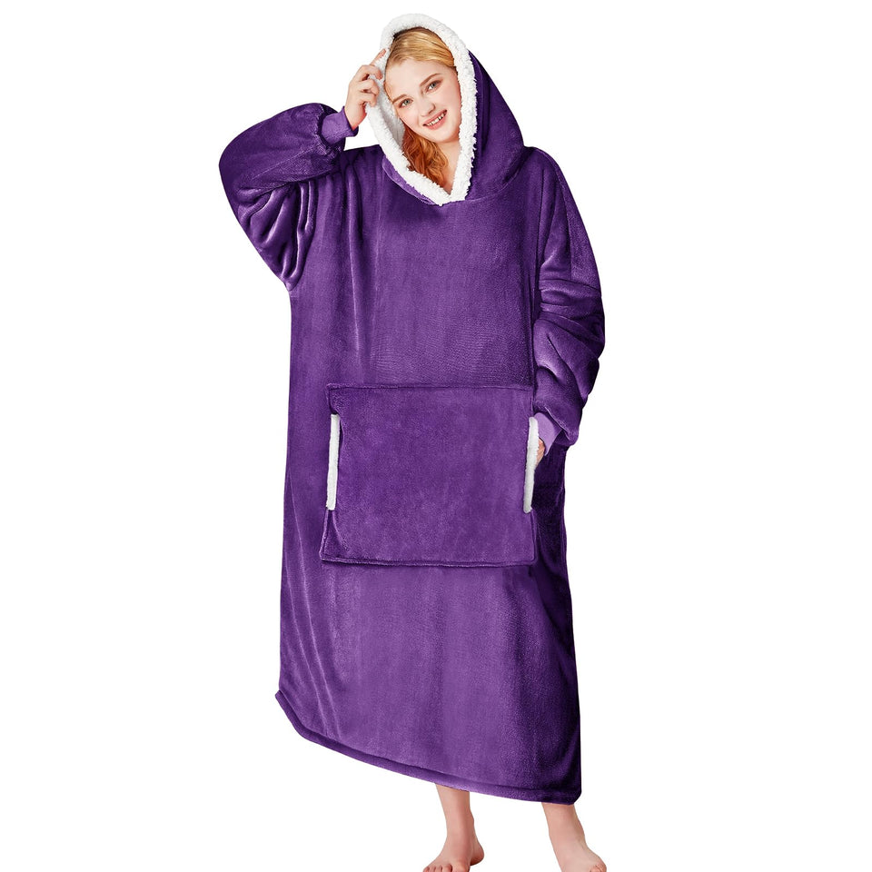 Yescool wearable blanket hoodie in deep purple front view showing cozy warmth