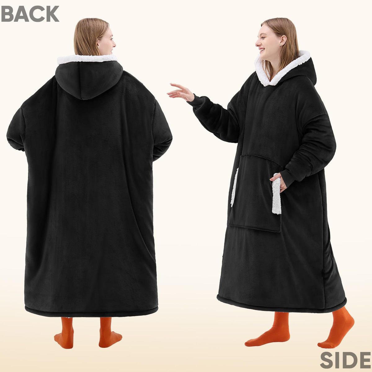 yescool wearable blanket hoodie with flannel-sherpa lining highlights plush warmth.