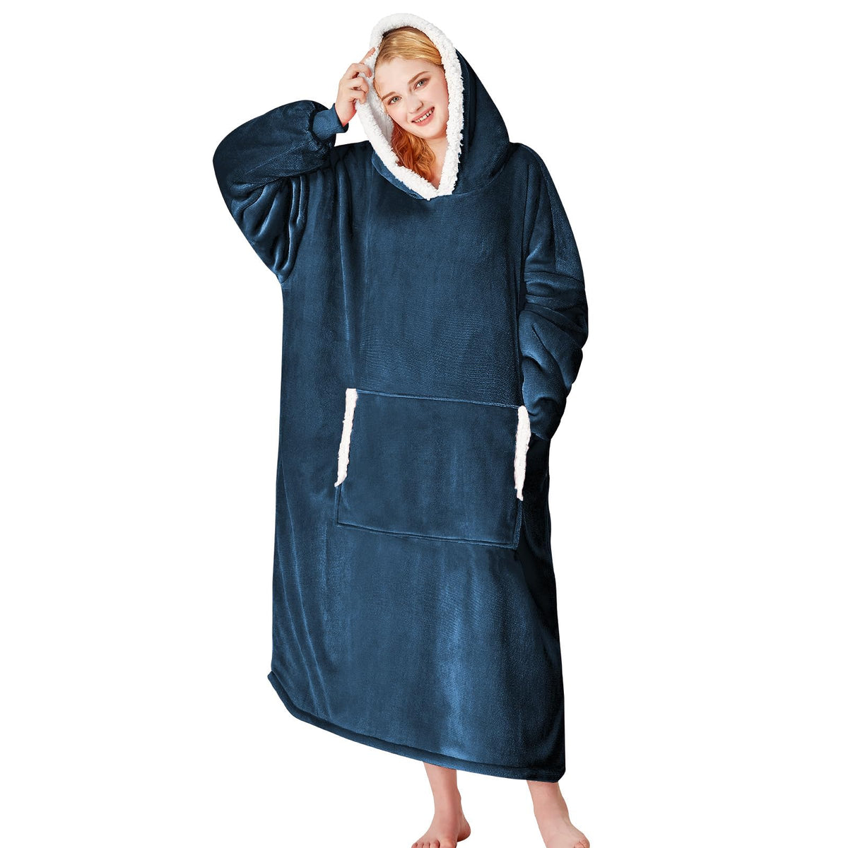 Yescool wearable blanket hoodie in navy blue keeps you warm and comfy as you lounge.