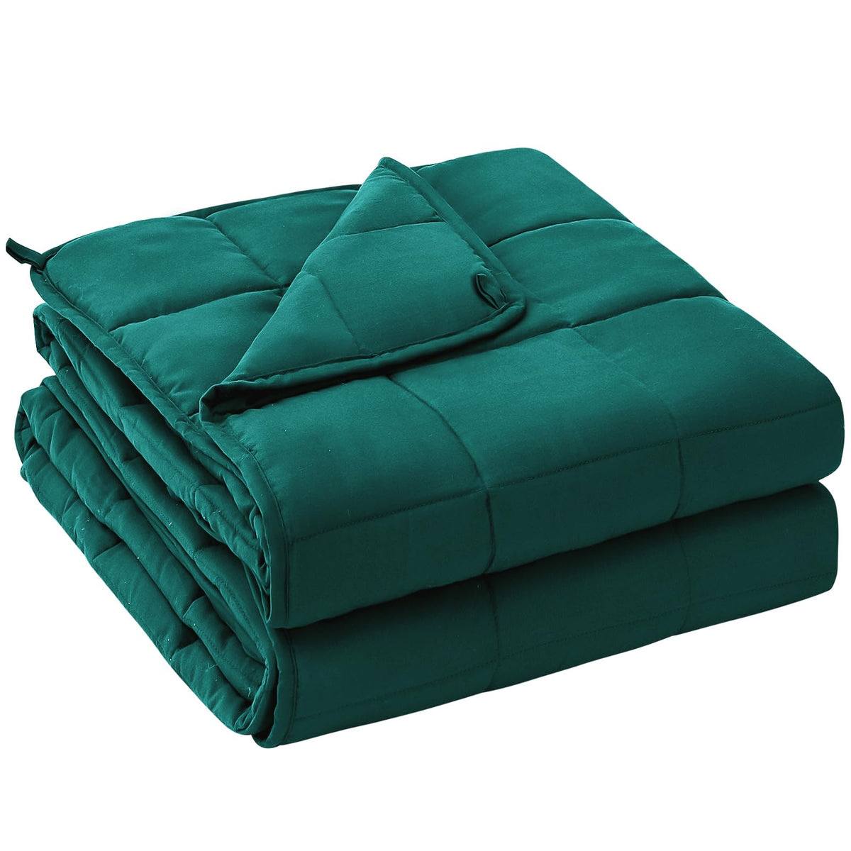 Yescool weighted blanket 20 lb, dark green, top view on bed, cozy sleep zone.