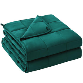 Yescool weighted blanket 20 lb, dark green, top view on bed, cozy sleep zone.
