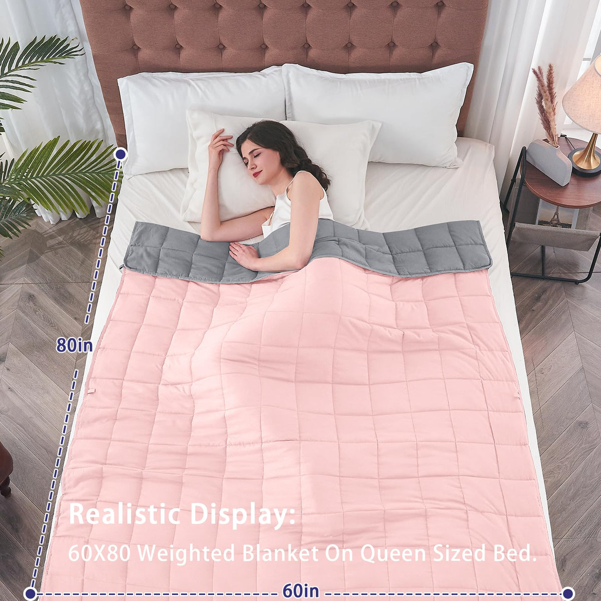 Yescool weighted blanket on queen bed, full coverage, no overhang