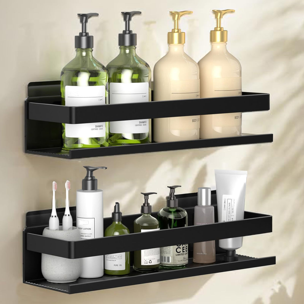 Yesent aluminum shower caddy 2-pack on tile, lightweight and rust-resistant storage.