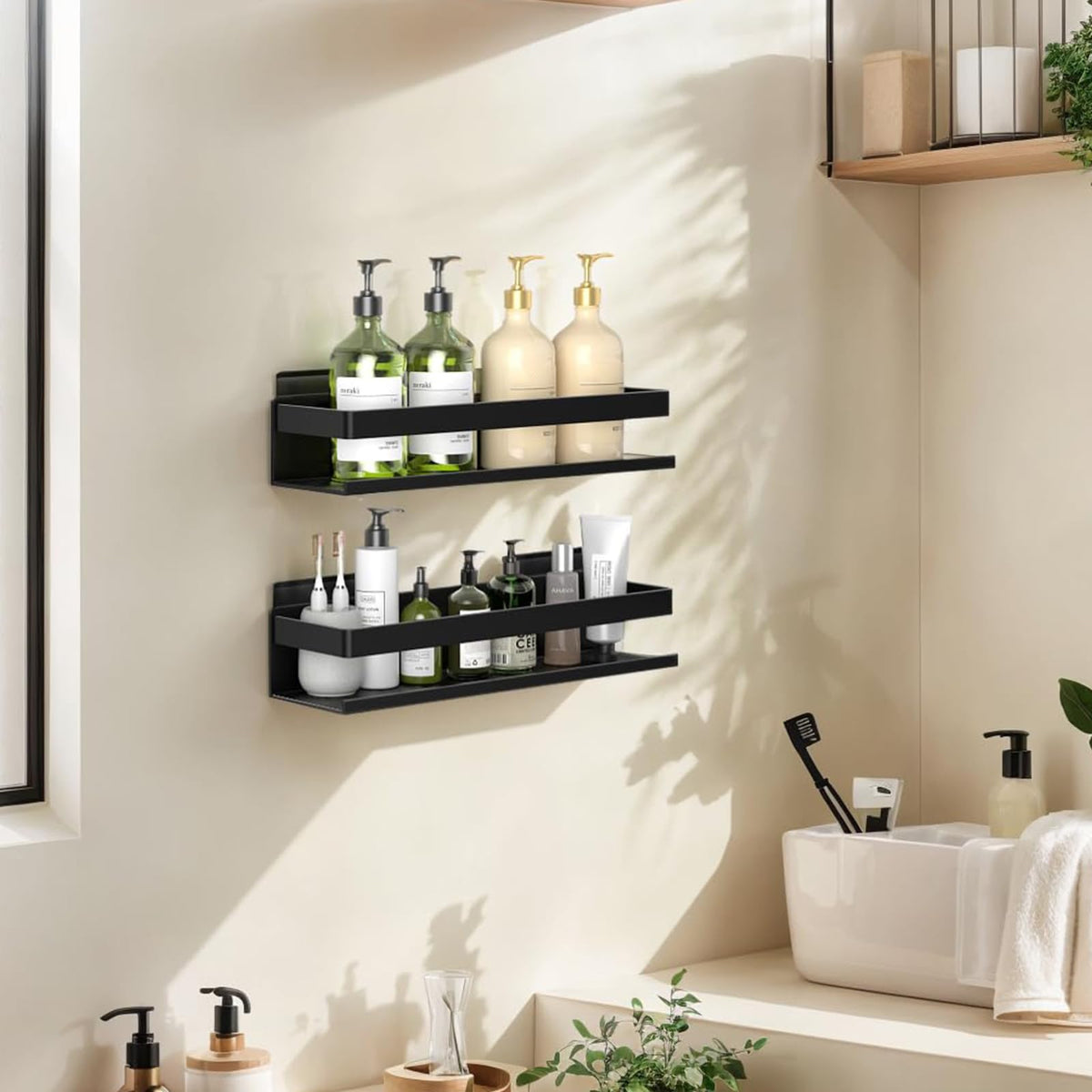 Yesent aluminum shower caddy 2-pack with stick-on backplate, easy tile installation.