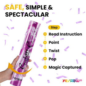 YESHOW Confetti Cannon Purple close-up, vibrant confetti for photo moment.