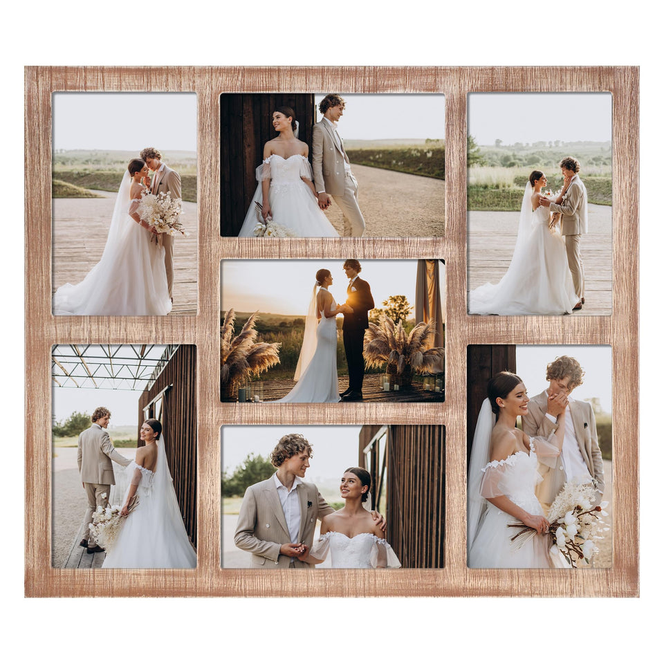 YESKAY 7-opening collage frame displays seven 4x6 photos with tempered glass for dust-free display.