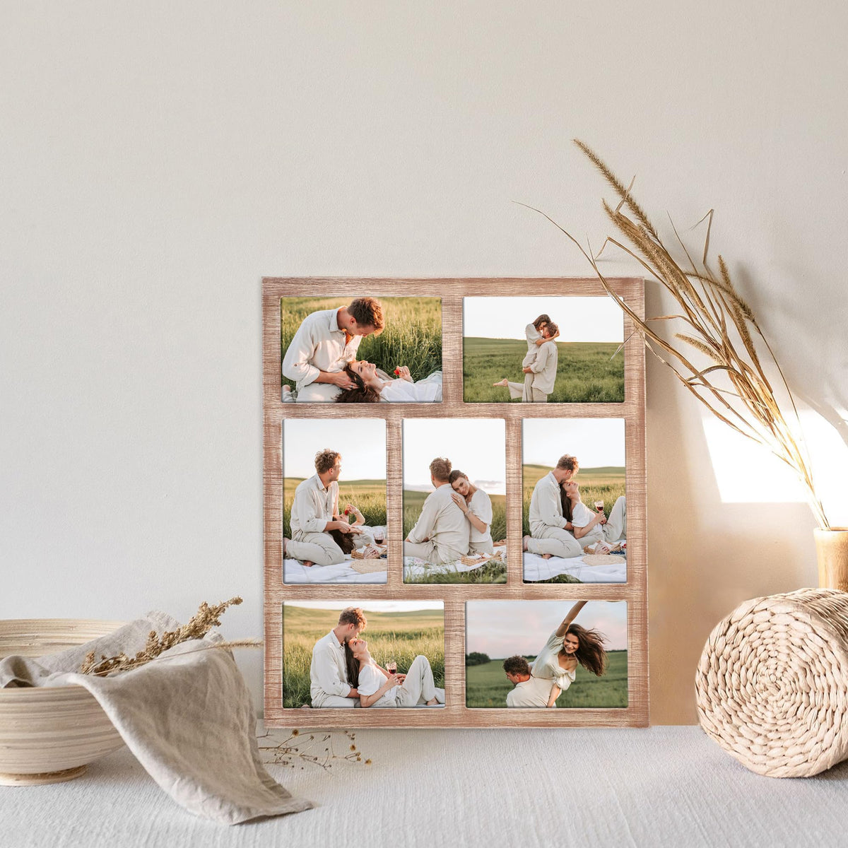 YESKAY rustic brown collage frame highlights seven-image layout for home wall decor.
