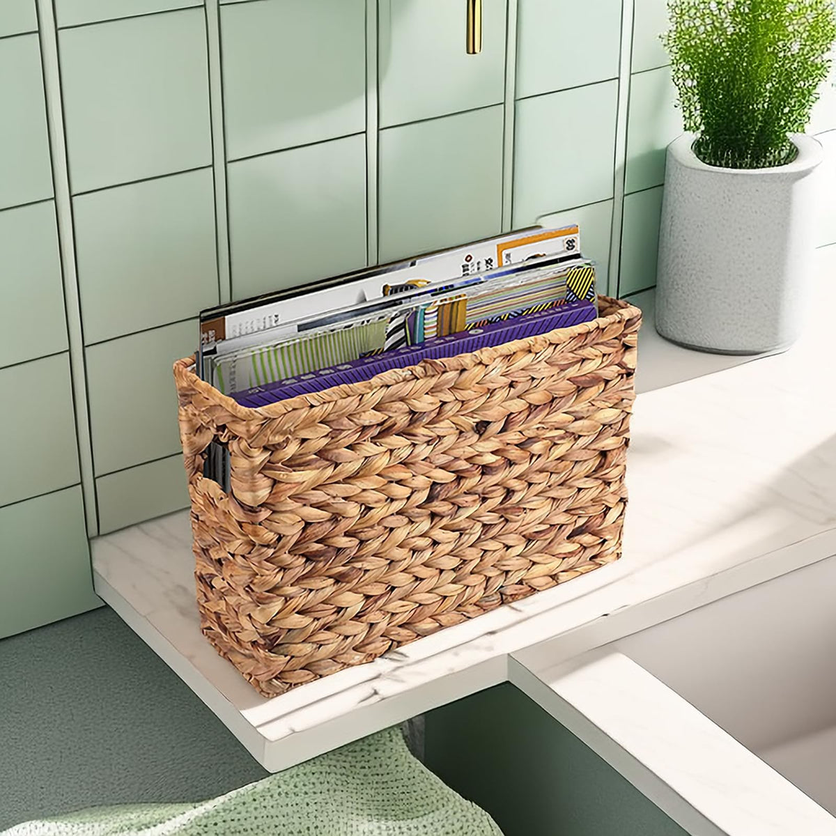 Yesland basket on coffee table blends with decor while tidying surfaces