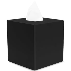 Yew Design matte black square tissue box cover, front view, adds refined organization to any room.