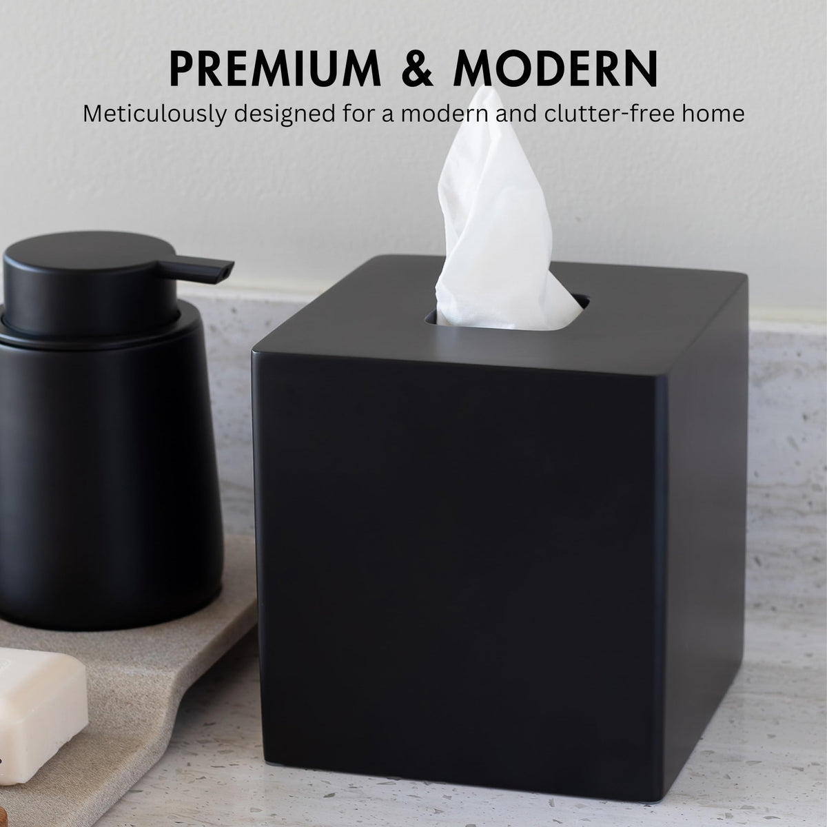 Yew Design matte black square tissue box cover, side profile, blends with modern decor.