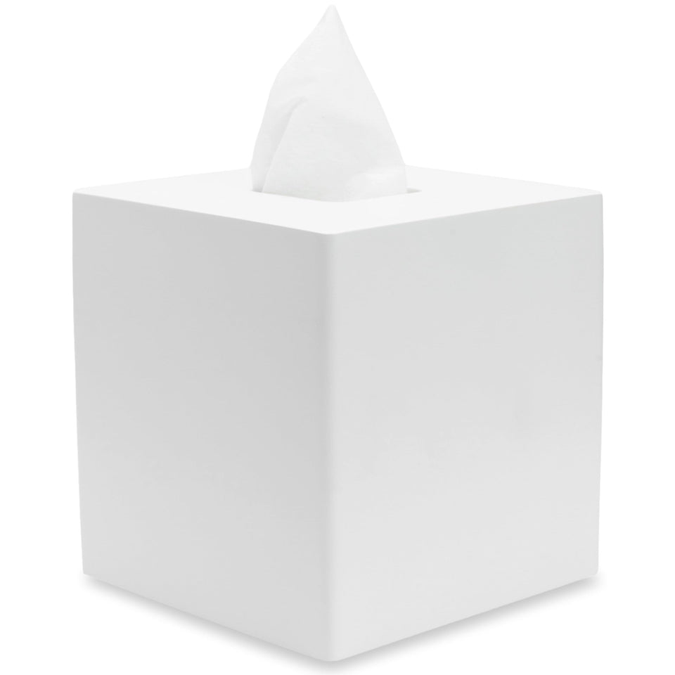 YEW DESIGN matte white square tissue box cover front view enhances desk aesthetics