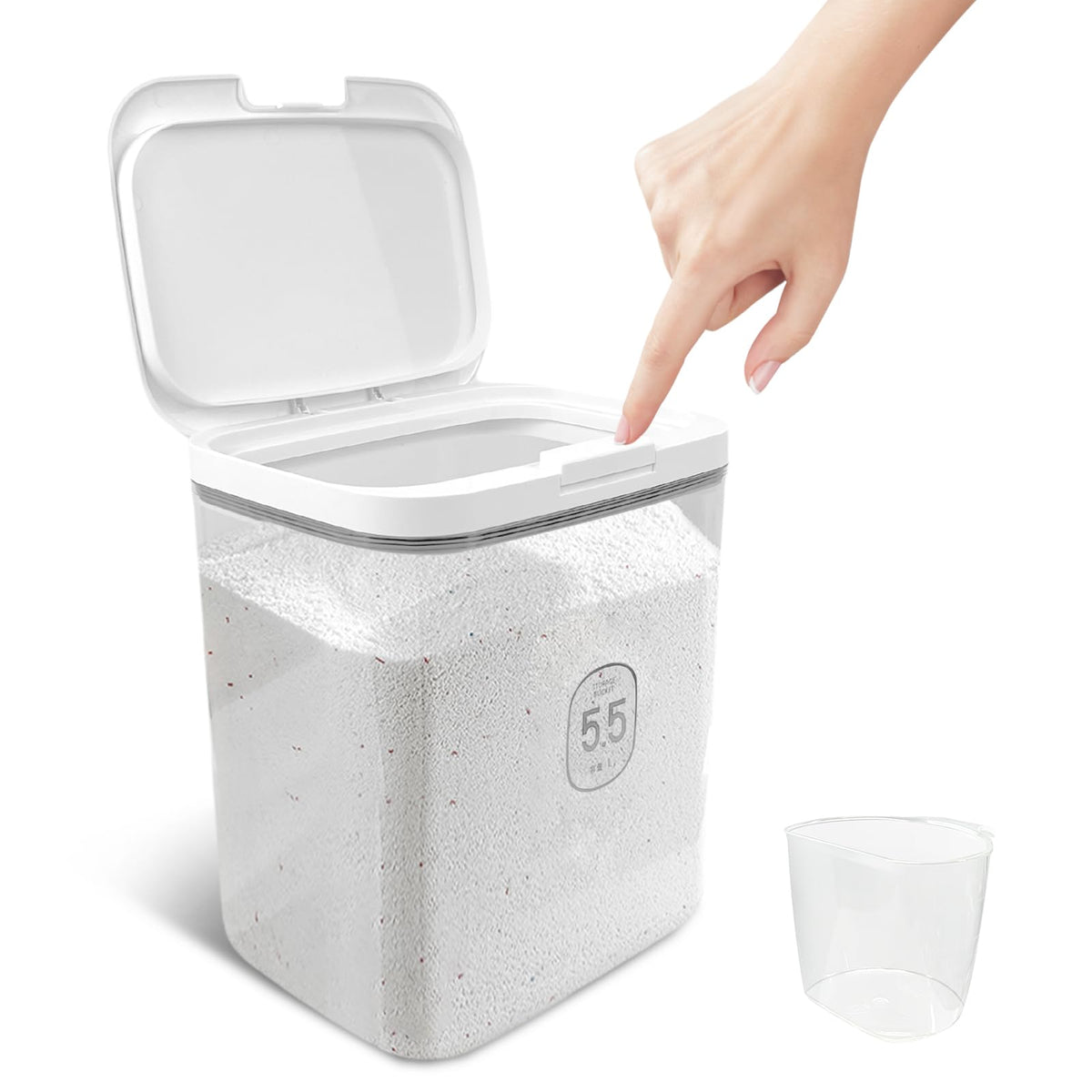 YEXEXINM 5.5L dispenser front view shows organized laundry pods and powders