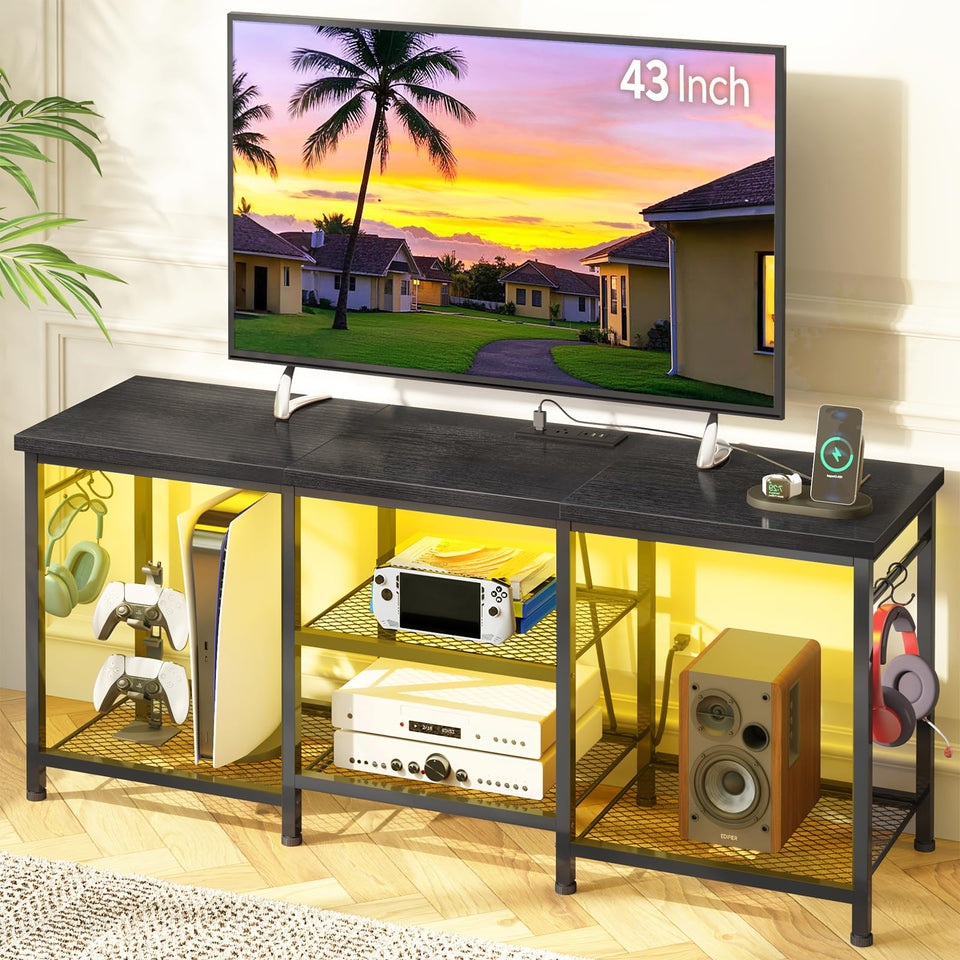 YGEOMER black entertainment stand with outlets and LED lights for organized media setup