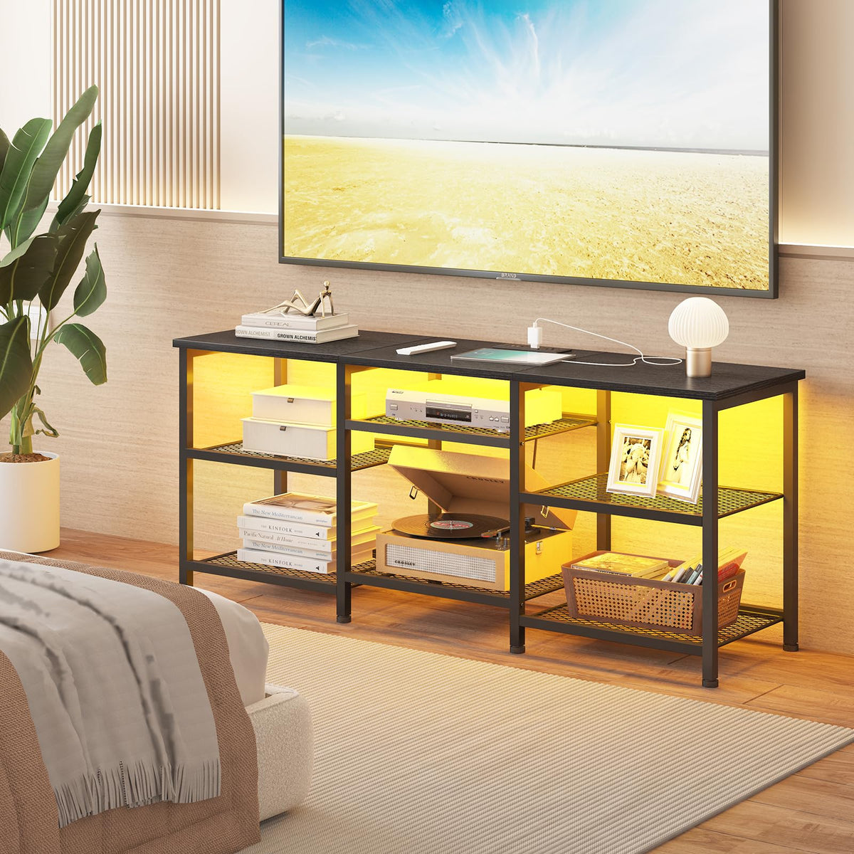 YGEOMER living room setup highlighting versatile entertainment and storage