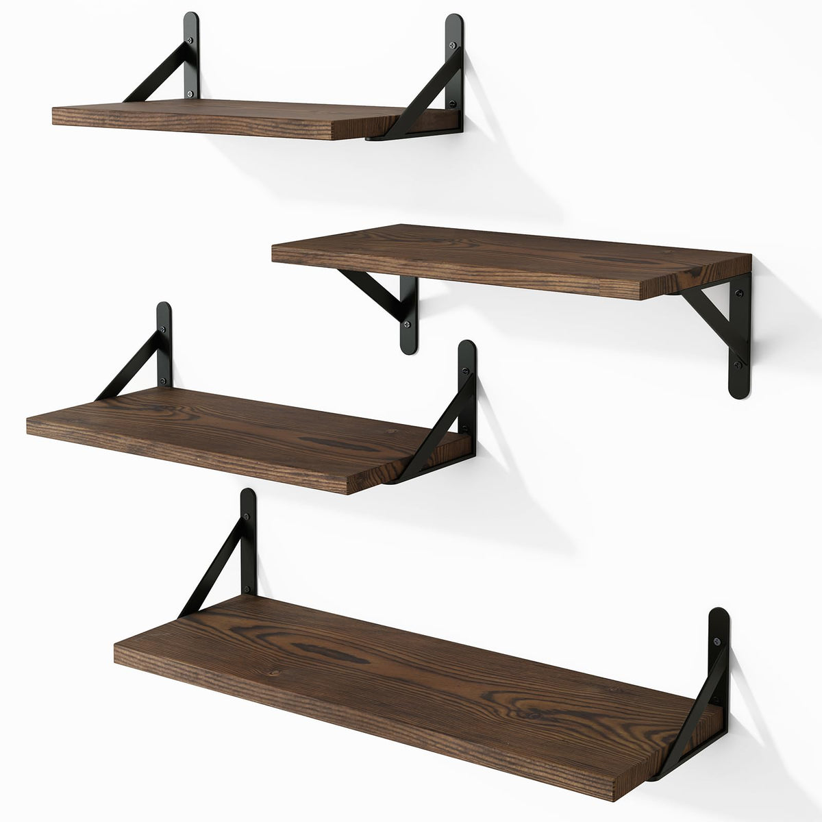 YGEOMER set of 4 floating shelves in dark carbonized pine for living room display