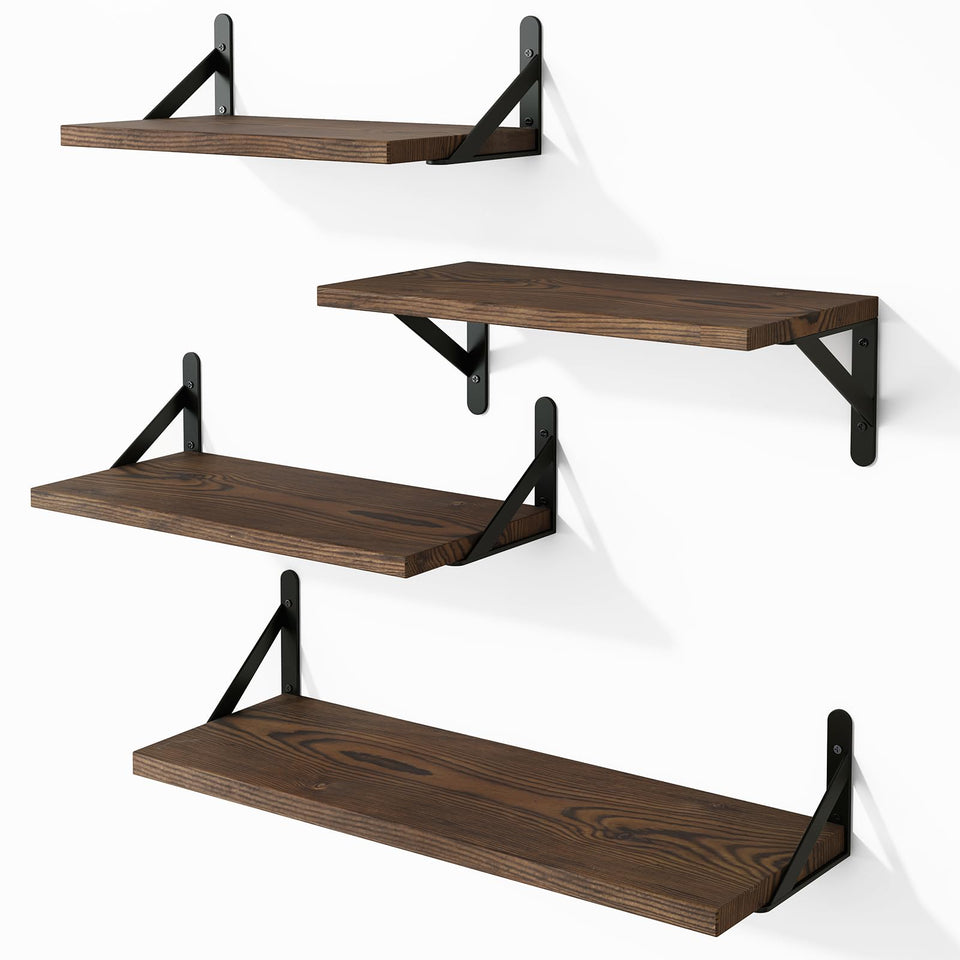 YGEOMER set of 4 floating shelves in dark carbonized pine for living room display