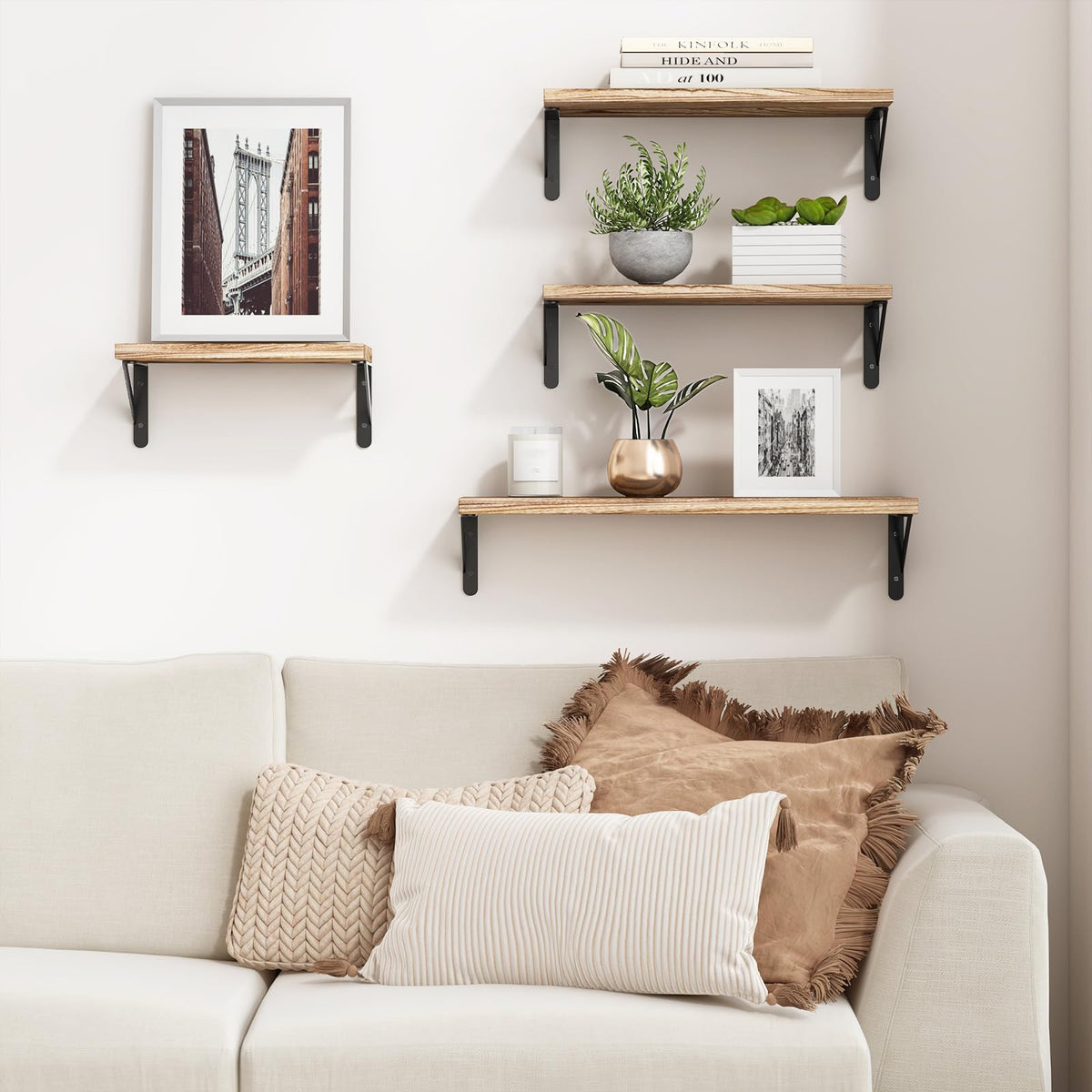 YGEOMER paulownia wood shelves in multiple sizes for flexible storage.