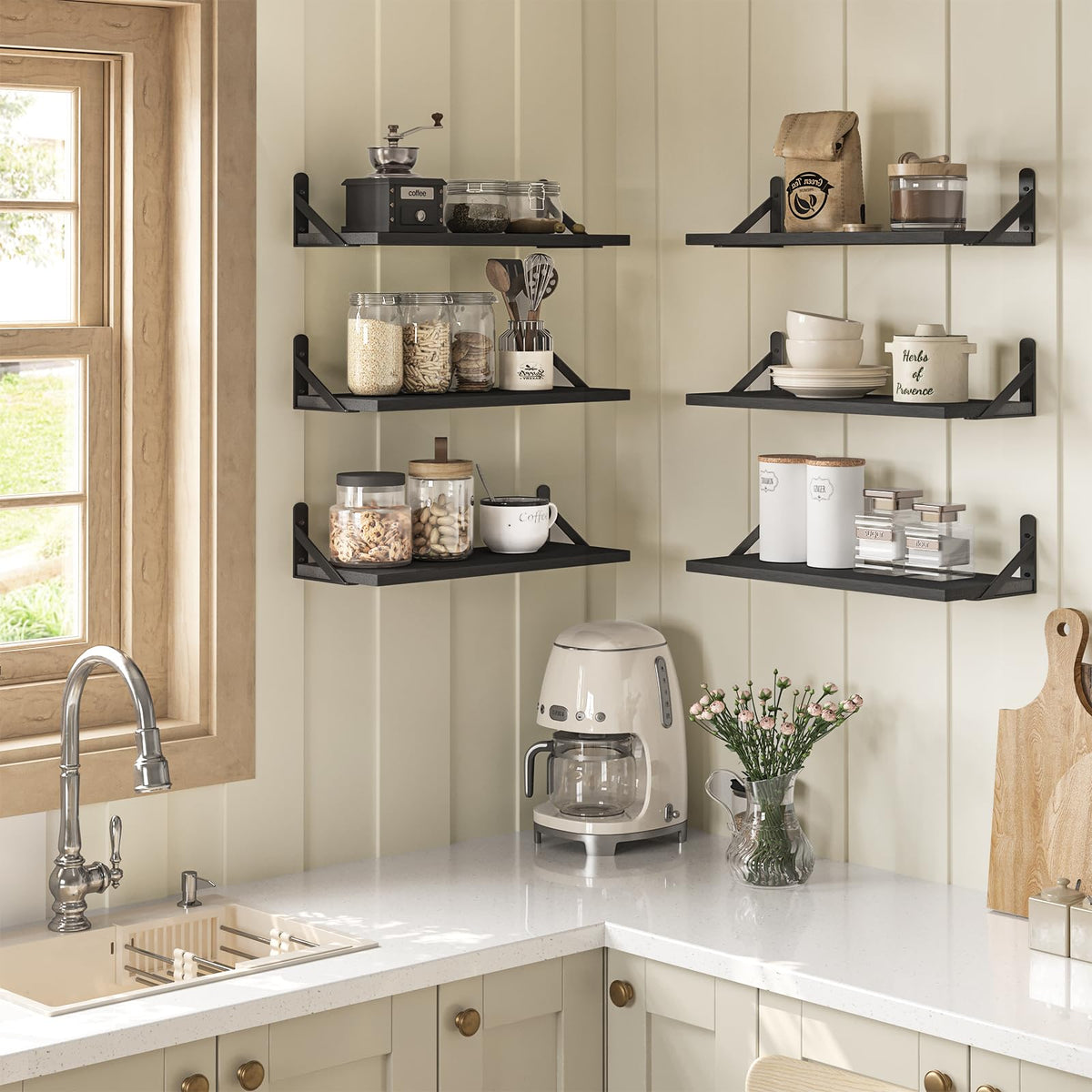 Triangle brackets support up to 40 lb for sturdy kitchen or bathroom use.