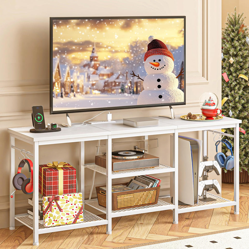 YGEOMER White TV Stand with 55-inch TV support and stable base for secure setup