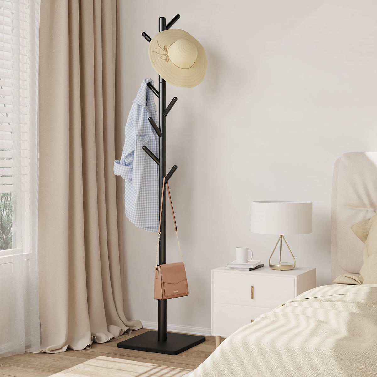 YheenLf coat rack assembly process showing quick setup steps