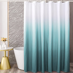 YI & ZE teal blue ombre curtain close-up shows waterproof fabric and vibrant design.