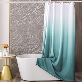 YI & ZE teal blue ombre curtain full panel demonstrates size fits standard tubs.