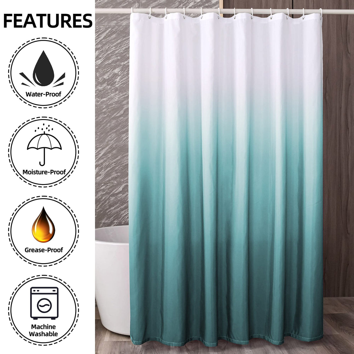 YI & ZE teal blue ombre curtain in bathroom setup demonstrates easy maintenance.