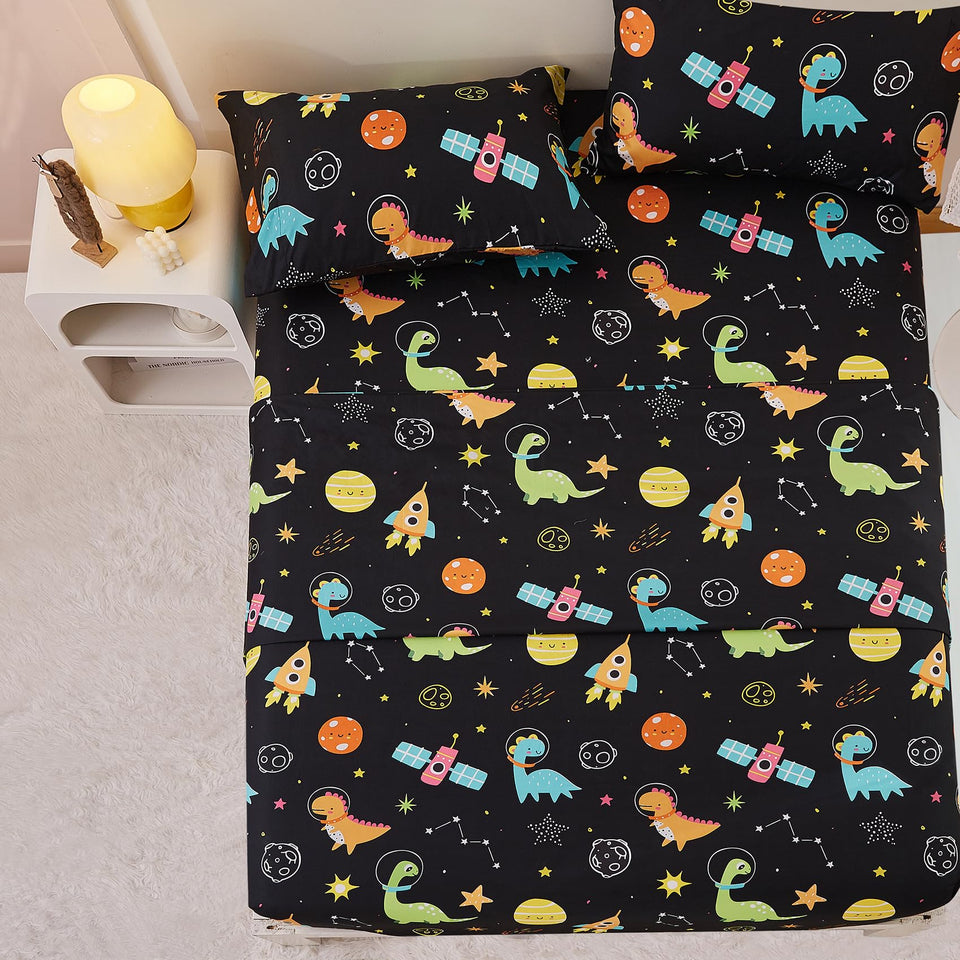 Yibeizi Space Dinosaur flat sheet displays a vivid planet print for kids.