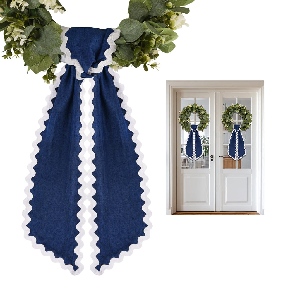 Yicentdp scalloped wreath sash in navy and white enhances front door ambiance