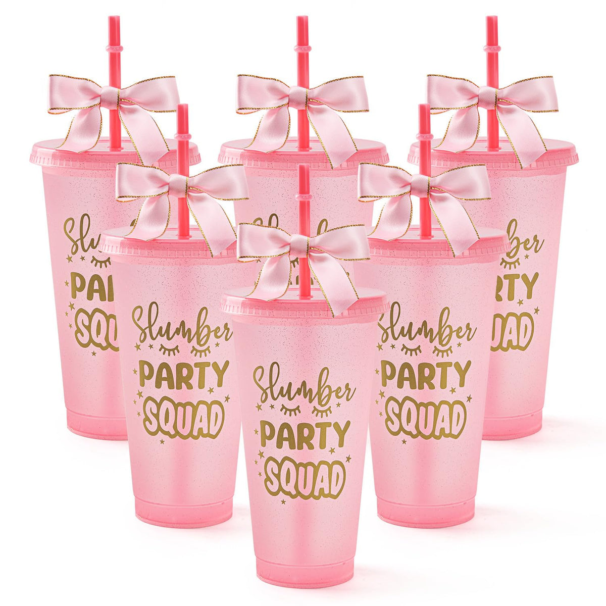 Yicentdp slumber party tumbler 6-pack with lids and bows for organized celebrations.