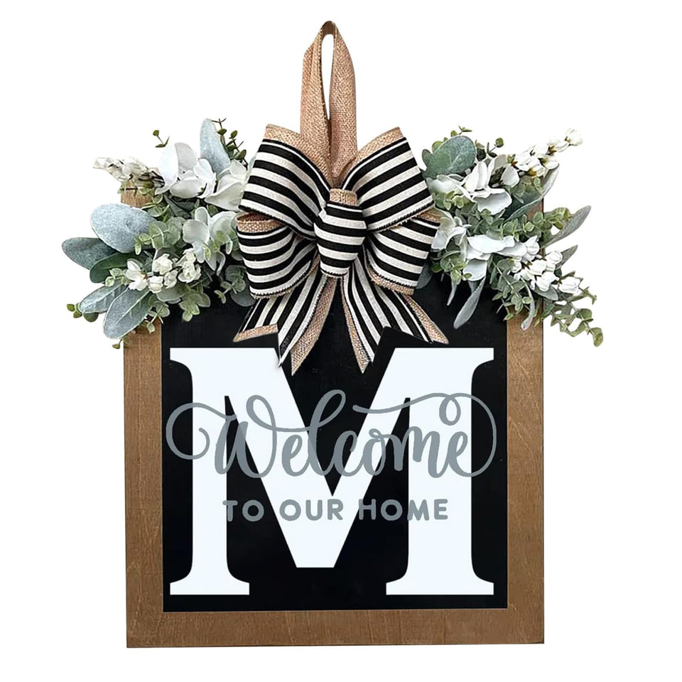 YICORIP monogram wreath on the front door adds a personalized welcome.