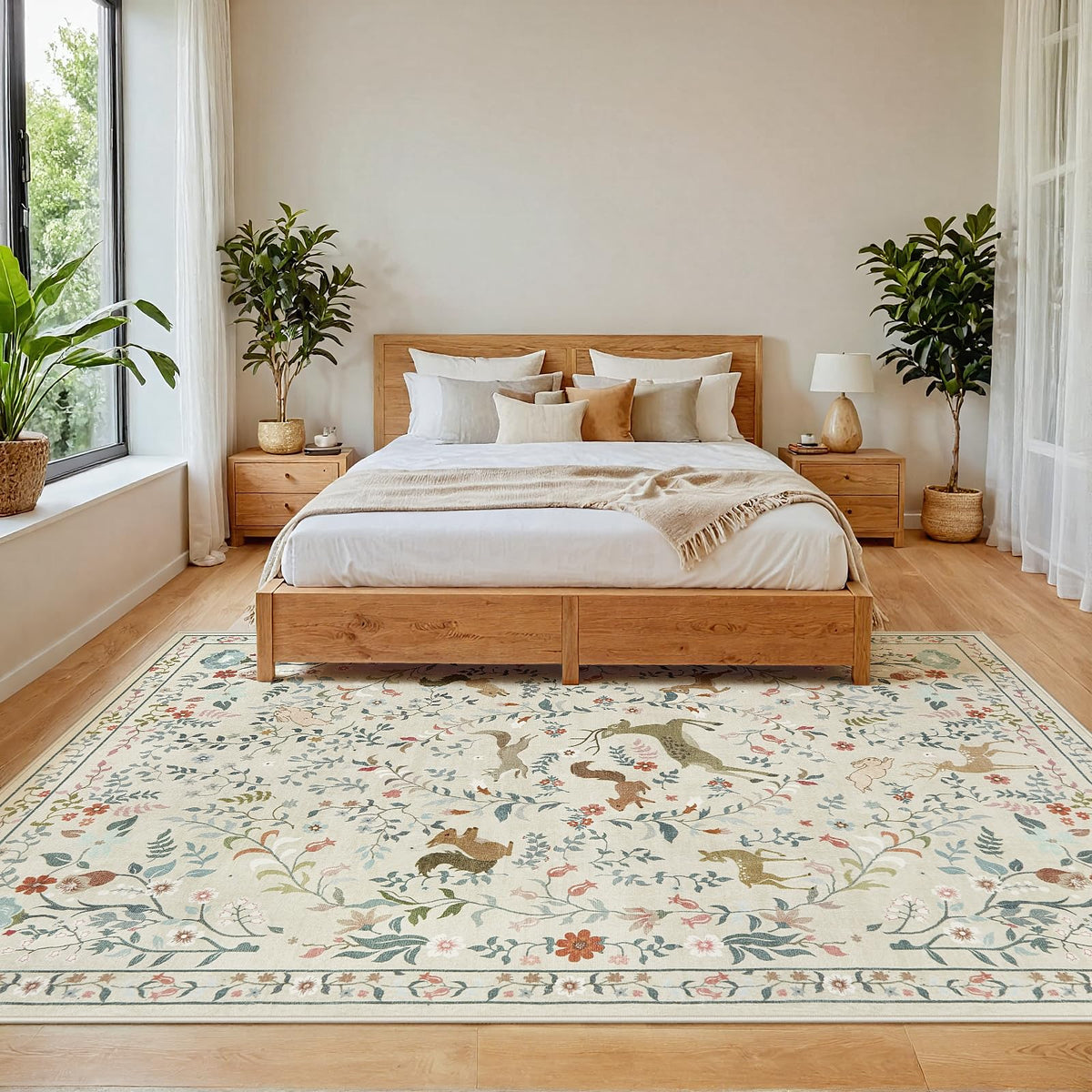 Yidanamy floral rug in bedroom setup highlights calm colors and low-pile comfort.