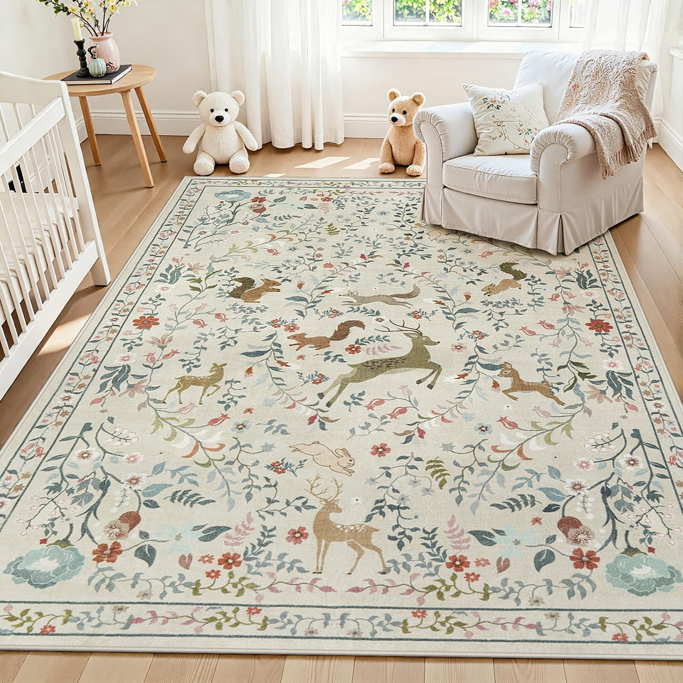 Yidanamy 5x7 boho floral rug front view adds cozy elegance to living room.