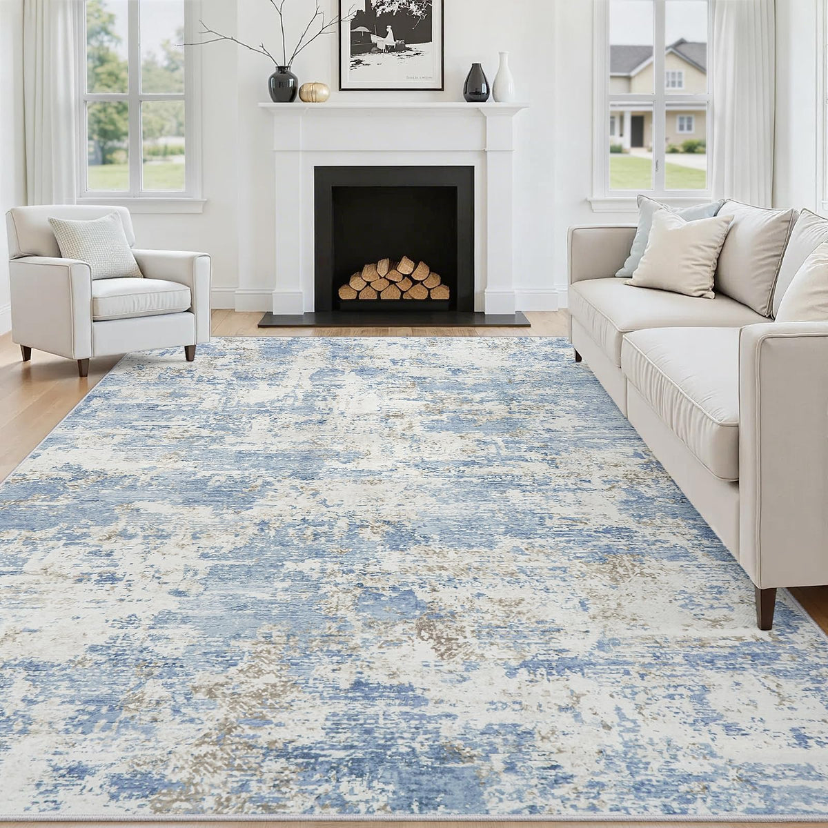 Yidanamy 8x10 blue abstract rug, front view, plush texture for cozy living rooms.