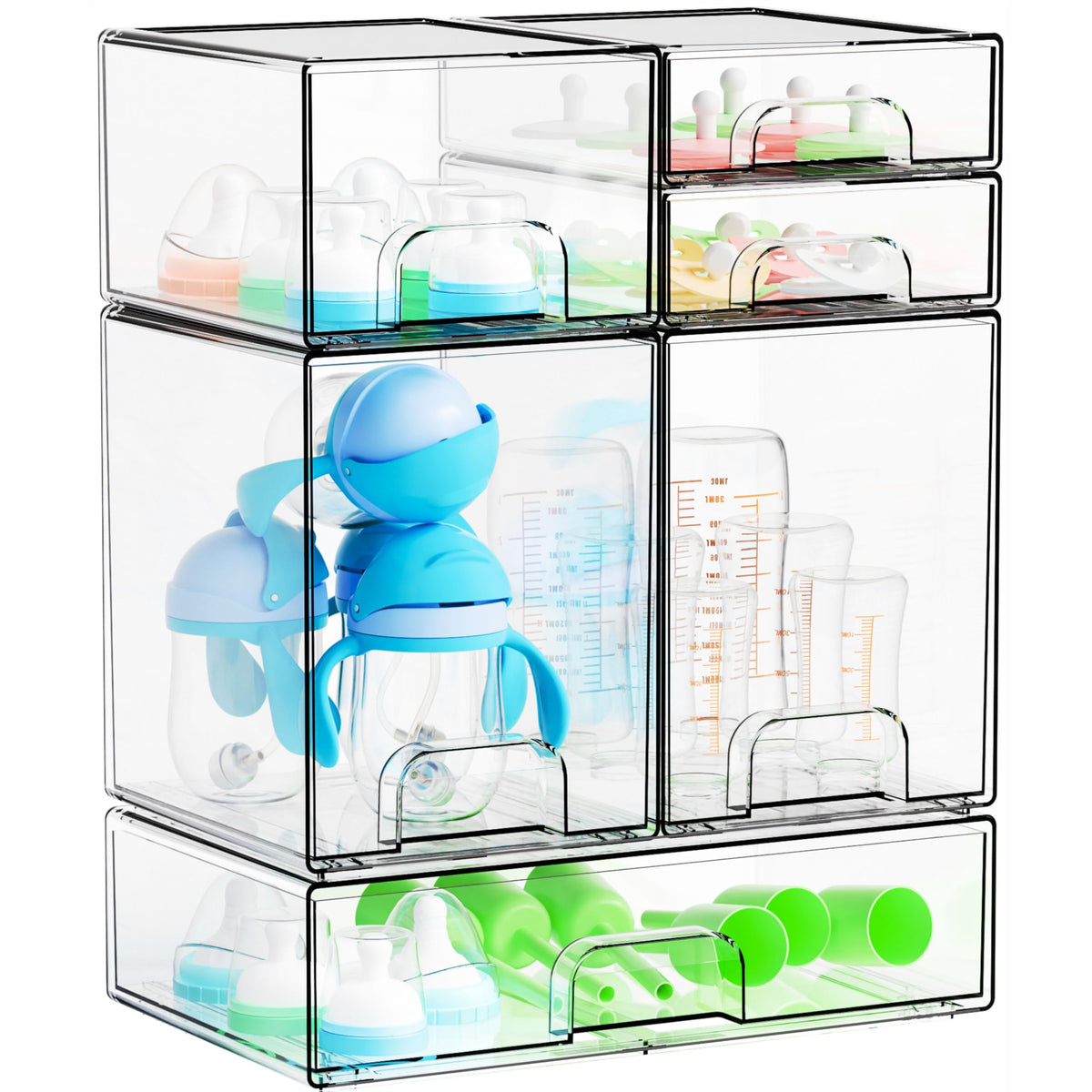Yieach bottle organizer with stackable drawers keeps bottles neat and accessible