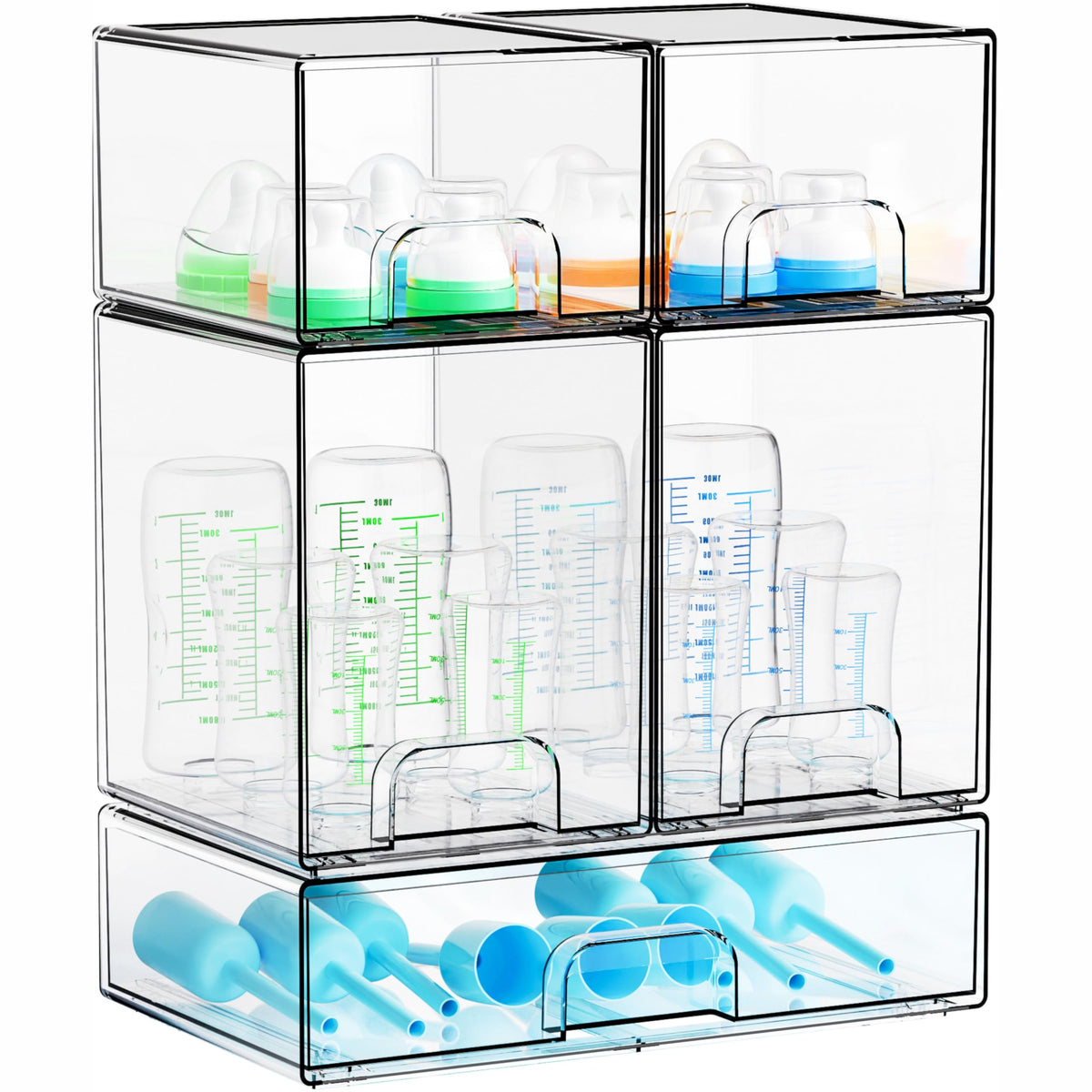 Yieach clear stackable bottle organizer five-drawer setup keeps bottles visible and accessible