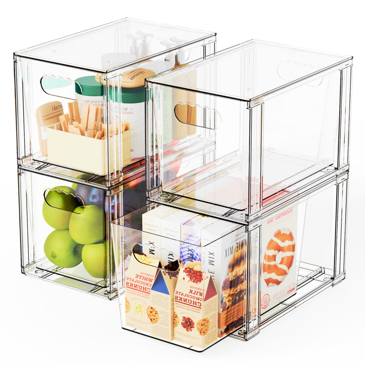 Yieach four-pack stackable clear acrylic drawers ideal for cosmetics and pantry.