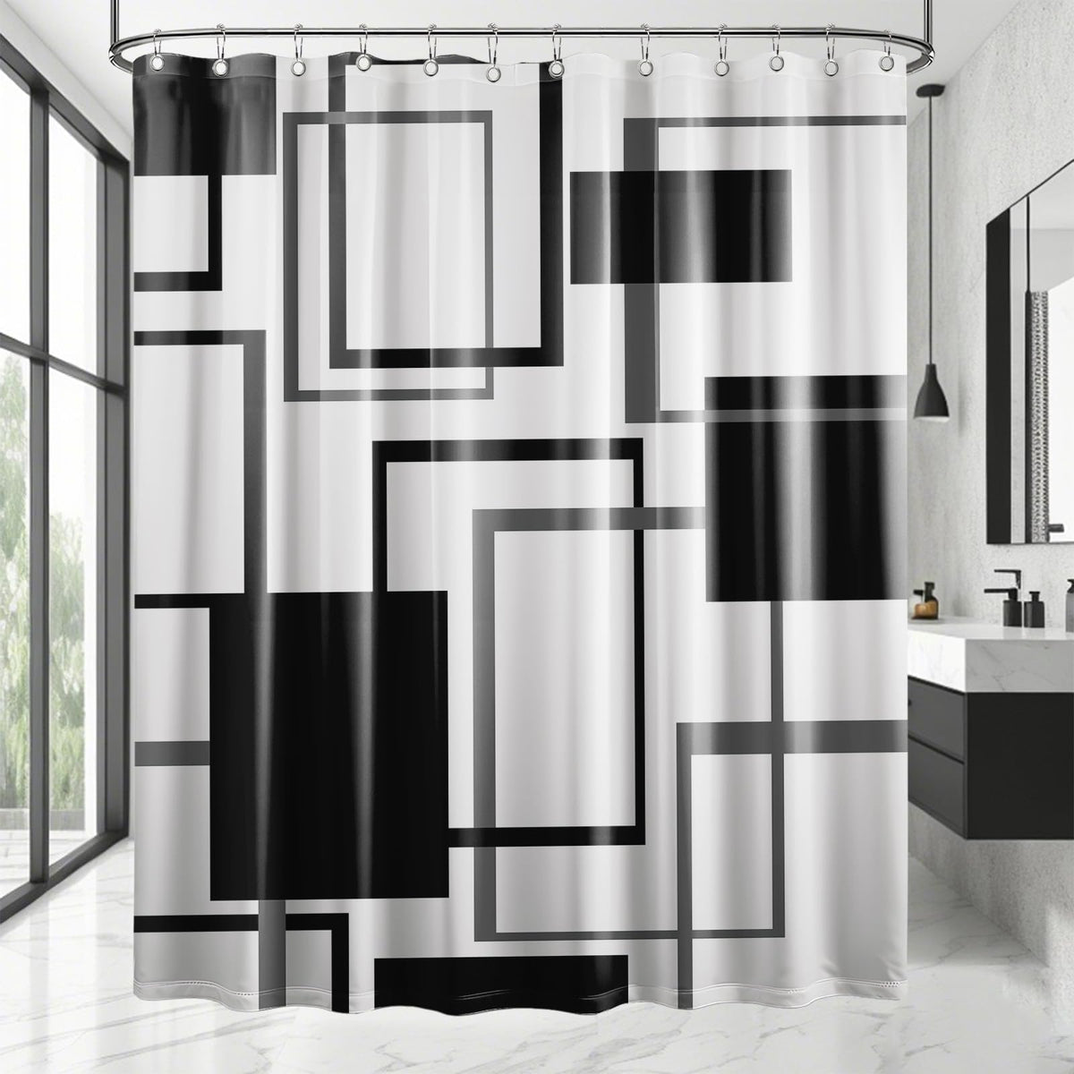 Yieldeer Geometric Shower Curtain pattern elevates modern bathroom style.