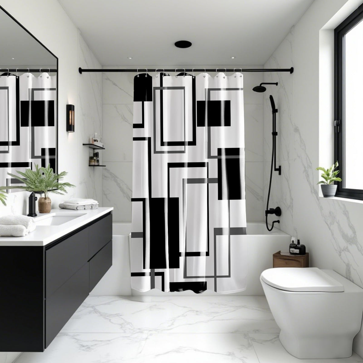Yieldeer Geometric Curtain waterproof coating helps keep the bathroom dry.