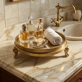 Yielycan tray on vanity holds jewelry and perfume neatly