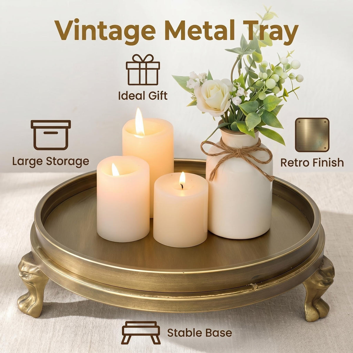 Yielycan brass tray holding flameless candles for cozy lighting
