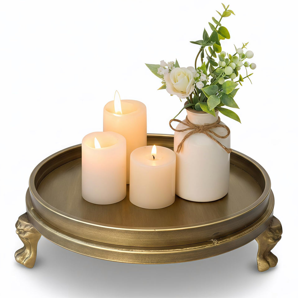 Yielycan vintage brass tray centerpiece on a coffee table for warm ambience