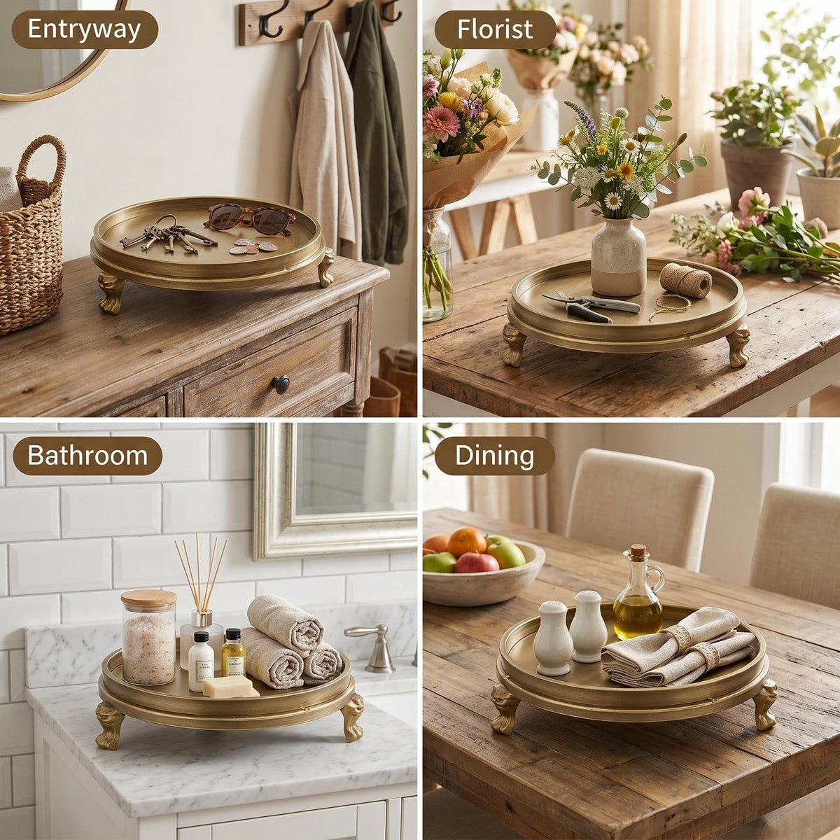 Yielycan round brass tray complements dining room decor