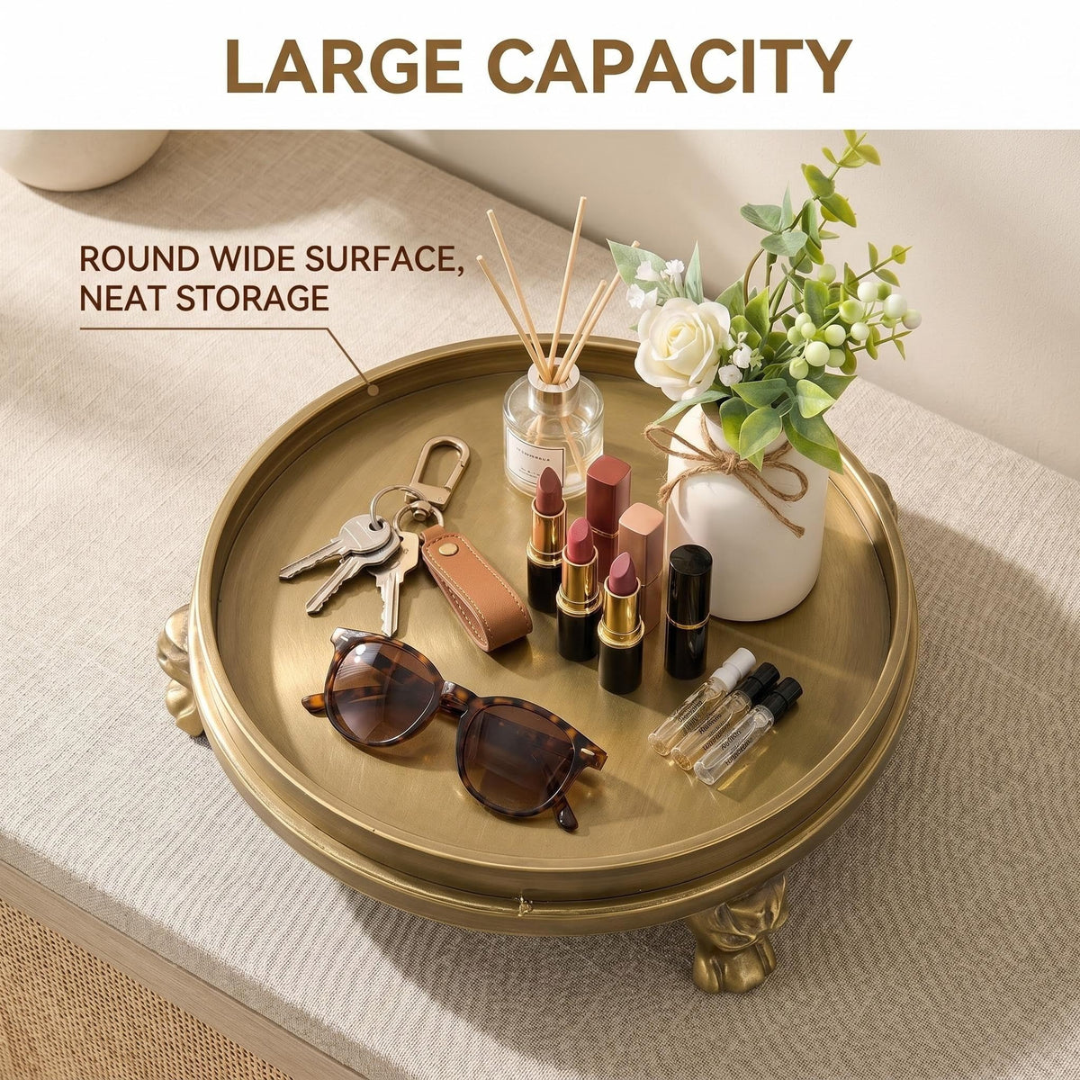 Yielycan brass tray for napkins and condiments on a dining table