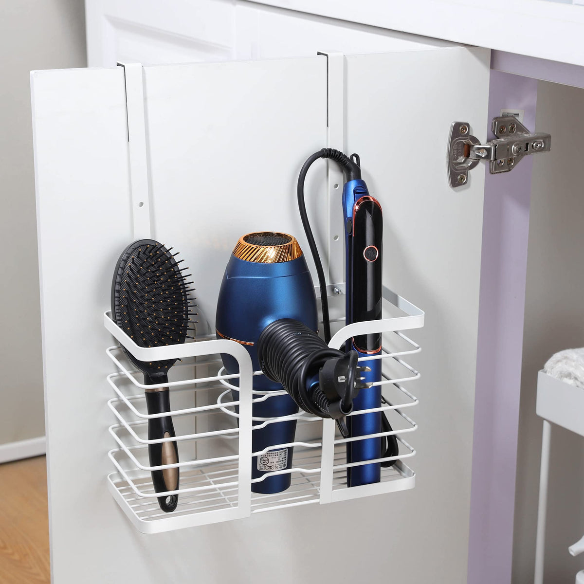 YIGII three-space hair tools organizer storing dryer, iron, and brushes neatly