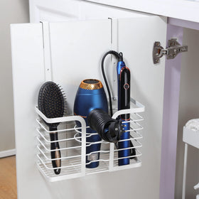 YIGII three-space hair tools organizer storing dryer, iron, and brushes neatly